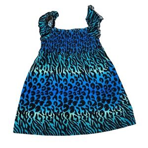 Kidgets Animal Print Dress Girls 24M Blue Smocked Ruffle Sleeve Y2K Kidcore
